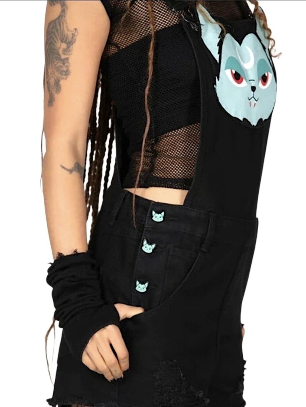 Killstar Lil Vampurr Black Cat Overall Shorts NWT Size Large - Picture 2 of 9